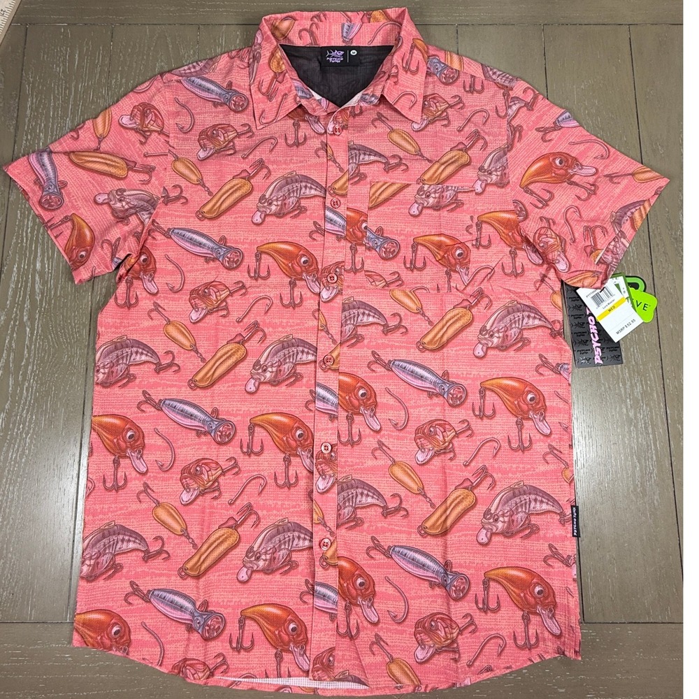 Psycho Tuna Shirt Mens Medium Fishing Lures Short Sleeve Button‎ Up Pink